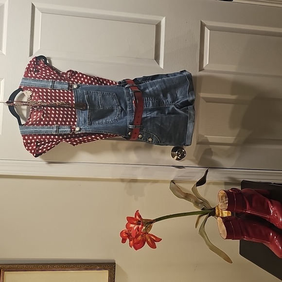 Red Polka Dot Top with No Boundaries Belt Loop Denim Overalls - Picture 1 of 8